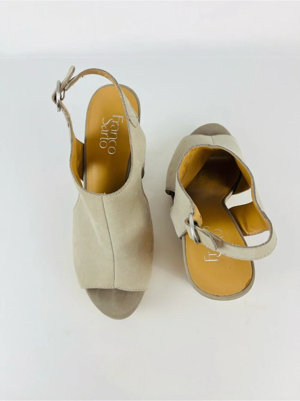 Franco Sarto Gabriel Peep Toe Suede Leather Wedge Sandal Taupe Gray Tan Size 8.5
